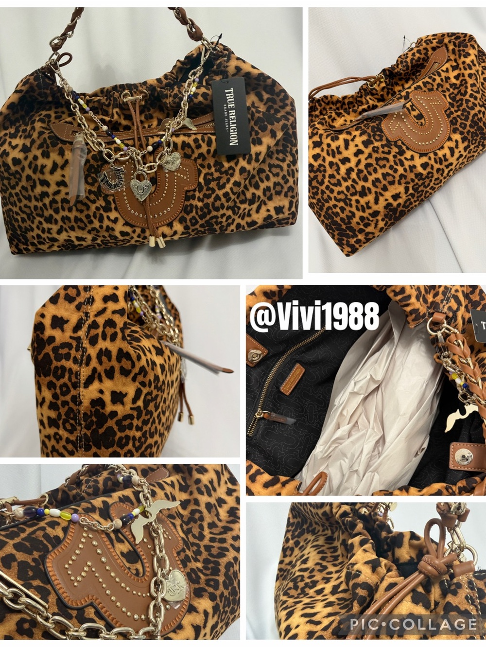 True Religion Leopard Large Drawstring Shoulder Bag